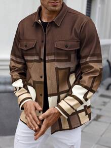 Manfinity Homme Men's Color Block Buttoned Jacket With Pockets For Casual Wear, Long Sleeves Going Out Colorful Long Sleeve Jacket, For Friends, Husband, Boyfriend Gifts Men Plaid Jacketmen Shacketmen's Shacketmens Shacket