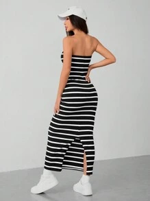 SHEIN PETITE Vestido de mujer con rayas tejidas y top tubular - Blanco y Negro - Ver 2