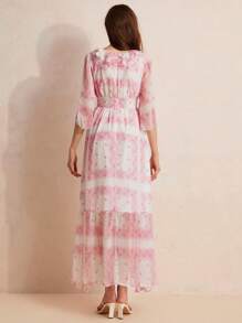 GENKIRA Random Square Print French Gentle Holiday Style Long Dress With V-Neck, Frill Trim And Bell Sleeves - Multicolor - View 3