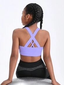 SHEIN Áo crop top ngắn màu trơn hình chữ thập màu hoa oải hương cho bé gái tuổi mới lớn, thích hợp để chạy bộ, tập thể dục, nhảy dây và tập yoga - Màu tím hoa cà - Xem 2