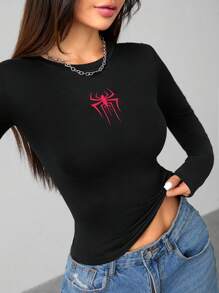 SHEIN PETITE Camiseta de manga larga de punto de alta elasticidad con gráfico de araña para mujer