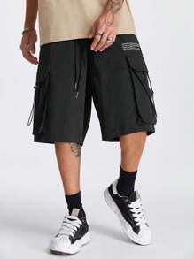 Manfinity RebelGame Men's Loose-Fit Straight Shorts With English Print Pattern Suitable For Summer - Black - View 5