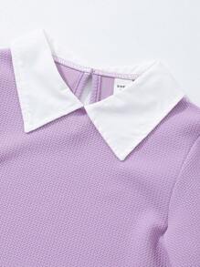 SHEIN Girls' Turn-Down Collar Long Sleeve Top + Skirt Set With Pockets - Purple - View 7