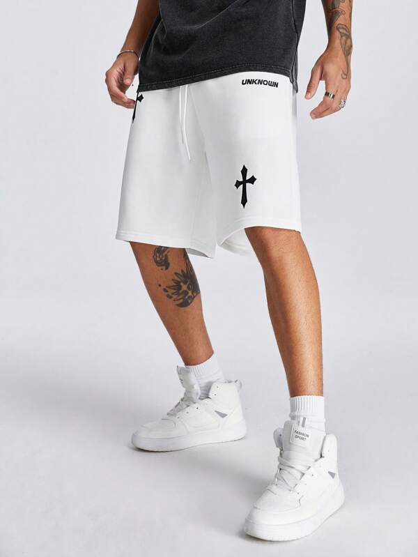 Manfinity RebelGame Pantaloncini da uomo larghi in maglia con stampa incrociata, perfetti per l'estate