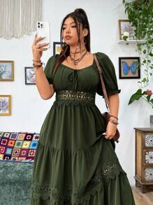 Flirla Plus Size Holiday & Leisure Solid Color Lace Patchwork Dress With Sweetheart Neckline - Army Green - View 4
