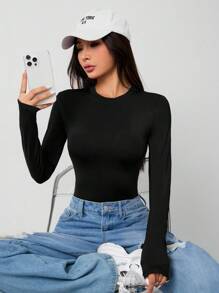 SHEIN PETITE Body Preto Justo em Malha com Elastano Sólido