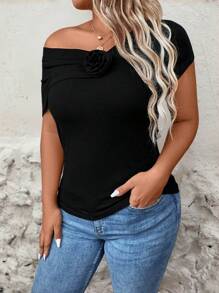 SHEIN Clasi 大尺碼女士夏季實色修身T卹，附3D花卉裝飾和不對稱領口 - 黑色 - 查看 7