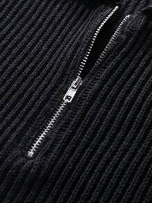 Claim Dot Men Solid Zipper Rib-Knit Drop Shoulder Knit Top - Black - View 5