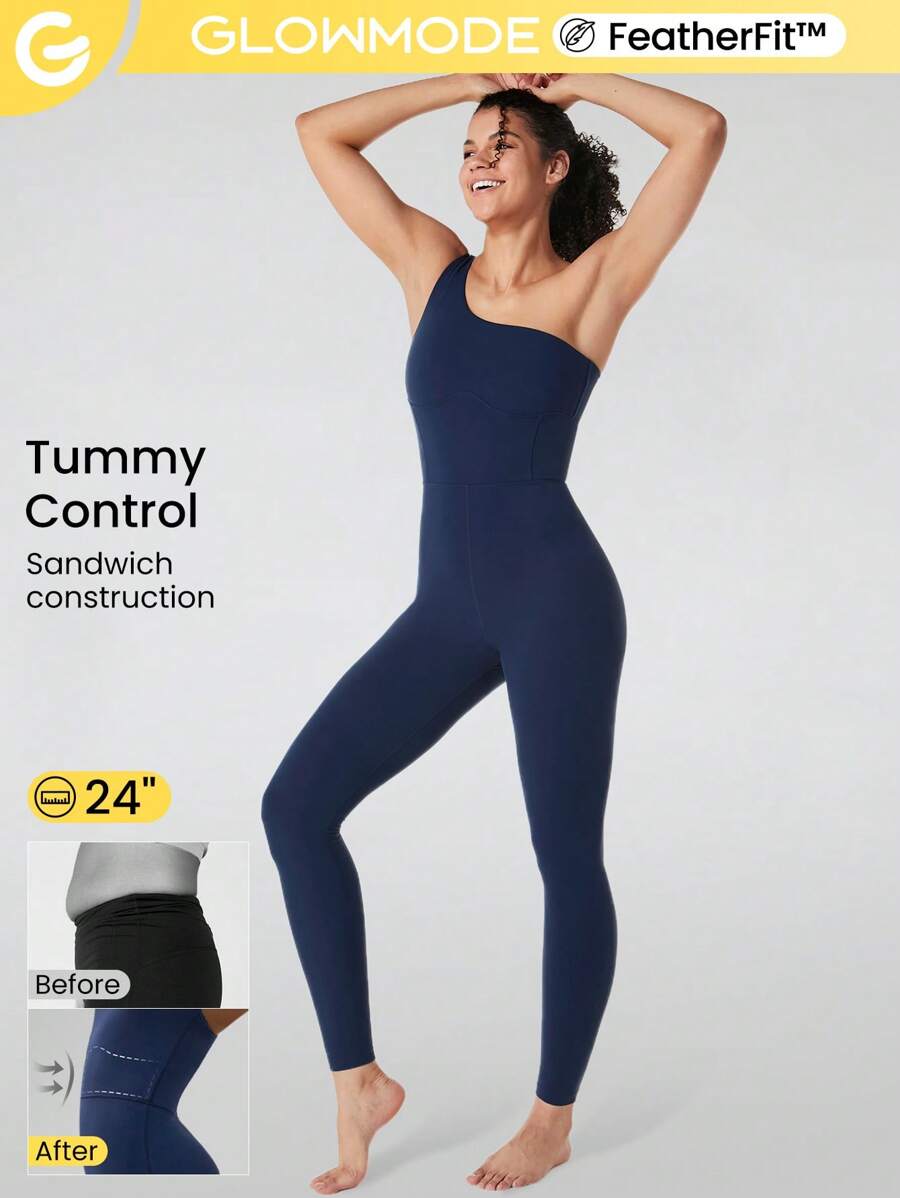 GLOWMODE 24" FeatherFit™ One Shoulder Tummy Control Shapewear Sports Bodysuit Low Impact Yoga Daily Summer