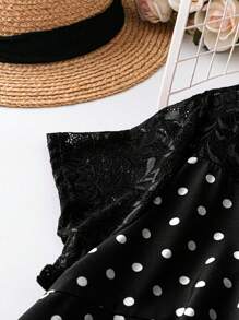 EMERY ROSE Plus Size Women's Summer Polka Dot Print Mesh Splice Short Sleeve Dress - Black and White - View 5