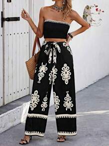 INAWLY Bộ áo quây và quần ống rộng ngày lễ phong cách Bohemian dành cho nữ - màu đen - Xem 3