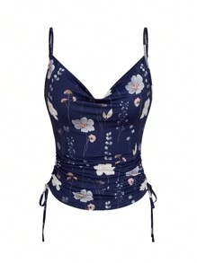 Chiquease 夏威夷風格休閒海灘假期花卉印花斜頸吊帶背心