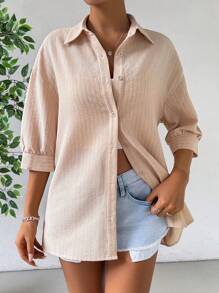 SHEIN EZwear 實心下垂肩按鈕前沙灘襯衫 - 杏色 - 查看 6