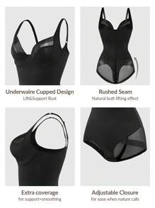 SHAPORA Shaping Underwire Cupped Mesh Brief Bodysuit Shapewear Bodysuit Body Shaper Bust&Butt Lifter-Tummy Waist Thigh Control - Black - View 8