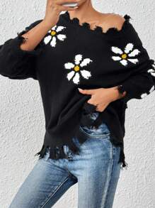 SHEIN LUNE Best-Selling Ripped Long Sleeve Loose Knitted Sweater With Small Flower Embellishment, Autumn/Winter New Arrivals - Black - View 3