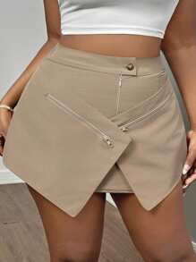 SHEIN SXY Women's Sexy Workwear Overlapping Pocket Skirt - Khaki - View 5
