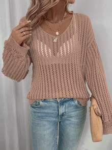 SHEIN LUNE Áo len dệt kim hở vai không có áo ngực - Màu Khaki - Xem 5