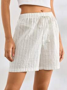 Ocili Leisure Women's Comfortable Striped Linen Waist Tie Shorts For Home Wear - Khaki - View 4