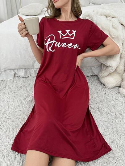 Letter Print Short Sleeve Shirt Long Pajama Night Dress, Moo Sleep Dress view 6