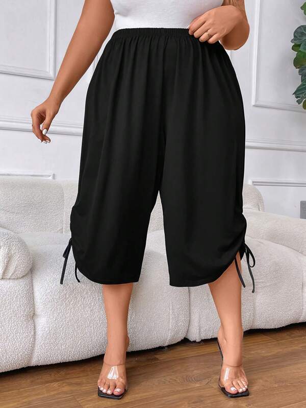 SHEIN CURVE+ Plus Size Summer Casual Solid Color Loose Drawstring Wide Leg Pants