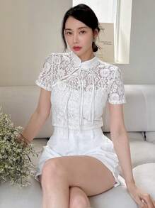 EastFlair Women's Solid Color Simple Lace Chinese Style Top For Daily Wear - White - View 5