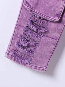 Young Girl Vintage Street Style Ripped Distressed Light Wash Straight Leg Cargo Jeans With Multiple Pockets - Purple - View 7