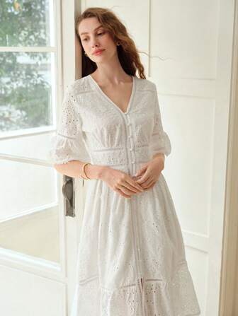 MOTF PREMIUM EYELET EMBROIDERY RUFFLE HEM DRESS