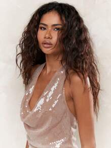 MISSGUIDED Y2K Futuristic Sequin Cowl Halter Neck Backless Bodycon Mini Dress