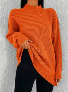 RueChic Women'S Stand Collar Drop Shoulder Sweater - Orange - View 1