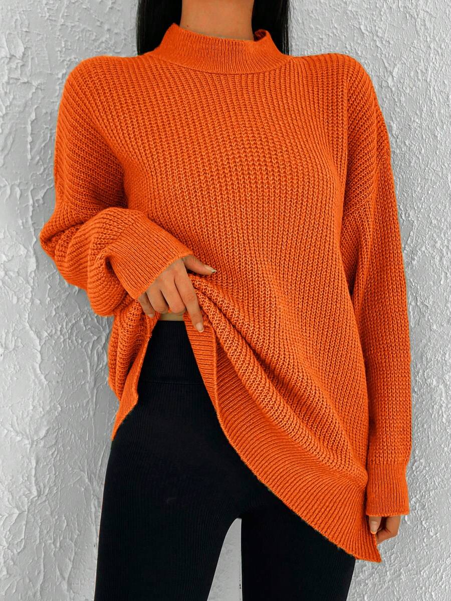 RueChic Women'S Stand Collar Drop Shoulder Sweater - Orange - View 1