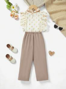 SHEIN Cô Gái Trẻ 2 Cái/bộ Áo ống rộng dáng rộng thời trang có cà vạt và viền xếp nếp Quần in họa tiết, đa năng - trắng - Xem 2