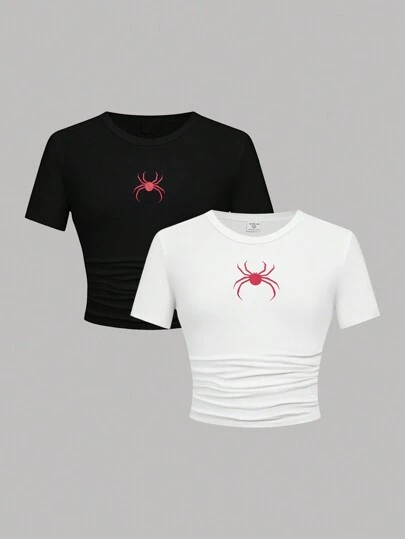 SHEIN Girlism Tween Girl 2 件套万圣节套装，红色休闲圆领长袖 T 恤，带有简单的蜘蛛图案