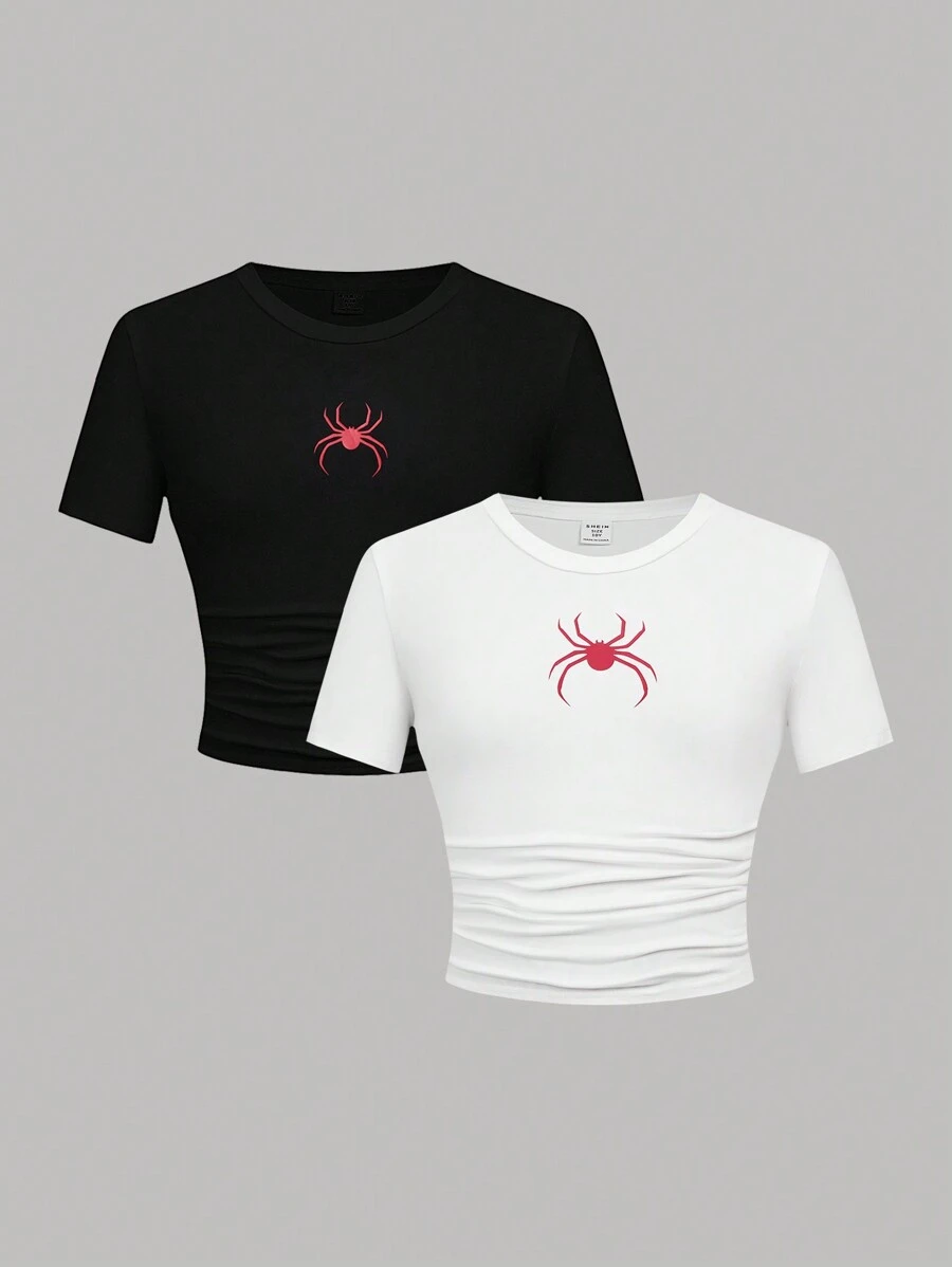 SHEIN Girlism Tween Girl 2 件套万圣节套装，红色休闲圆领长袖 T 恤，带有简单的蜘蛛图案