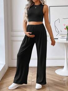 SHEIN Maternity Solid Tank Top & Adjustable Waist Wide Leg Pants - Black - View 4