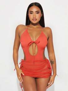 Vaytide Conjunto sexy de 2 piezas de verano para mujer con traje de baño de una pieza de cuello halter en unicolor con diseño de agujeros y falda mini plisada con cordón lateral, ideal para la playa - Naranja - Ver 3