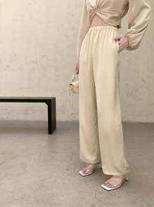 EastFlair Solid Elastic Waist Straight Leg Pants - Apricot - View 3