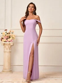 SHEIN Belle Solid Color Off Shoulder Slit Bridesmaid Dress (Adult) Elegant Formal Evening Prom Wedding Guest Gown, For Graduation, Dinner Party Dress