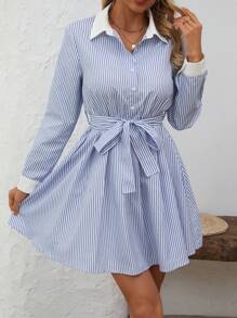 Chiquease Women's Spring/Summer Casual Color Blocked Striped Button Front Shirt Dress - Multicolor - View 3