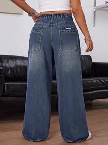 SHEIN ICON Jeans rectos de tiro alto con cinturón, presillas, bolsillos normales y pierna holgada con estampado de letra para tallas grandes