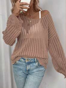 SHEIN LUNE Áo len dệt kim hở vai không có áo ngực - Màu Khaki - Xem 4