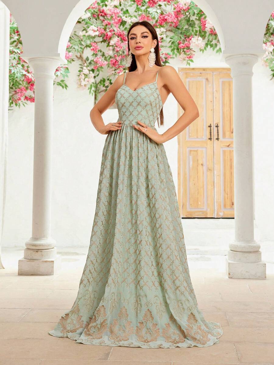 Mgiacy Spaghetti Strap Chiffon Embroidered Dress With Fixed Positioning And Large Swing - Green - View 1