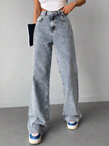 RueChic Snow Washed Raw Hem Wide Leg Jeans - Light Wash - View 1