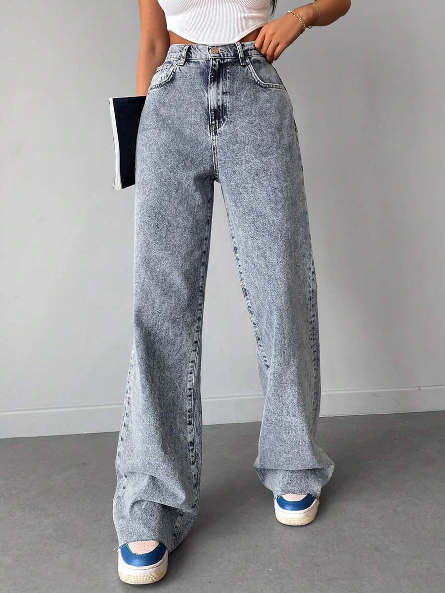 RueChic Snow Washed Raw Hem Wide Leg Jeans - Light Wash - View 1