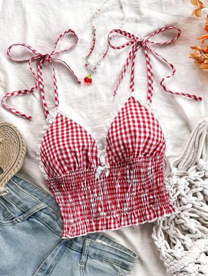 Soleia Red Plaid Lace-Up Waist Bow Tie Pleats Ruffle Romantic Casual Countryside Vacation Women's Camisole Summer Clothes