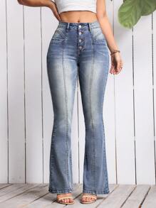 SHEIN LUNE Jeans de pierna acampanada con botones en la bragueta - Lavado ligero - Ver 3