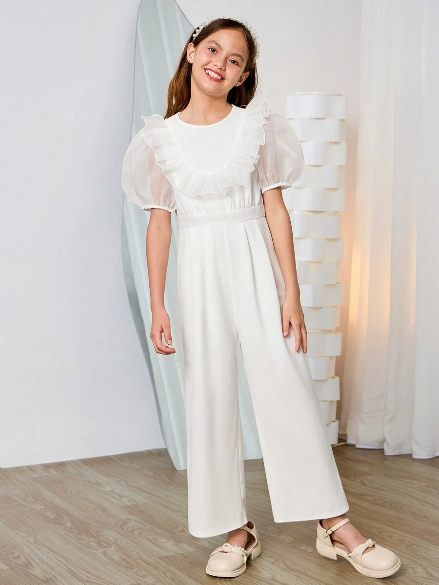 Elegant Round Neck Ruffle Trim Puff Sleeve Nine-Quarter Length Jumpsuit For Tween Girls - White - View 1
