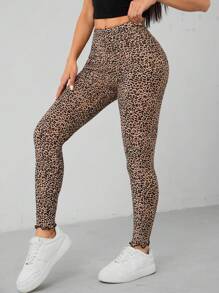 SHEIN PETITE 女士高腰高彈力豹紋緊身褲 - 彩色 - 查看 7