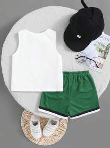 SHEIN Conjunto de camiseta sin mangas con estampado de letra y shorts con bloqueo de color estilo deportivo informal para bebé niño - Multicolor - Ver 4