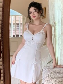 DAZY Lace Patchwork Satin Backless Nightdress With Built-In Bra Pajama - White - View 6