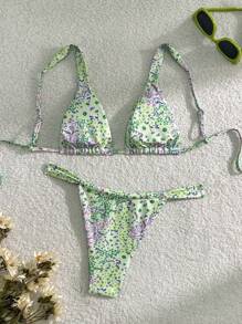 SHEIN Swim 女士夏季海灘小花性感比基尼套裝（隨機印花） - 彩色 - 查看 2